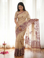 Peachmode Woven, Striped Bollywood Pure Cotton Saree(Beige) Flipkart Deal