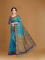 COSBILA FASHION Woven Banarasi Cotton Silk Saree(Blue)