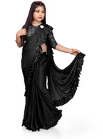 HARIOM FASHION Solid/Plain Bollywood Lycra Blend Saree(Black)