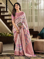 Satrani Printed, Woven, Embellished Handloom Silk Blend, Pure Silk Saree(Pink, Gold) Flipkart Deal