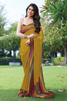 MIRCHI FASHION Striped Leheria Chiffon, Georgette Saree(Mustard, Multicolor)