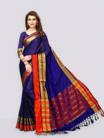 VJ FASHION Solid/Plain Bollywood Cotton Blend Saree(Blue)