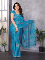 FABMORA Printed, Blocked Printed Daily Wear Chiffon, Georgette Saree(Blue) Flipkart Deal