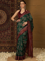 Sareemall Printed Ikkat Silk Blend Saree(Green)
