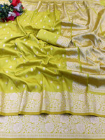 KanjiQueen Woven Banarasi Silk Blend, Pure Silk Saree(Green, Silver)