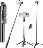 Hold up 63" Long Selfie Stick Tripod with Fill light Bluetooth Remote for Mobile Phones 360 Degree Stable Durable Portable Extendable Detachable Bluetooth Remote Bluetooth Selfie Stick(Black, Remote Included)
