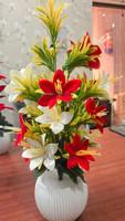 HOF DECO Lily Bonsai Artifificial Flower Plant for Home Decor Plant with white Pot Multicolor Lily Artificial Flower  with Pot(45 cm, Pack of 1, Flower with Basket)
