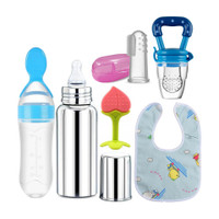 Goyoku Steel Feeding Bottle, Spoon Bottle, Nibbler, Teether, bib, Finger brush Feeder(Multicolor)