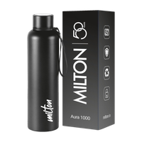 MILTON Aura 1000 Thermosteel Water Bottle, ISI Certified, 24 Hr Hot and Cold 1 L Stainless Steel Flask(Pack of 1, Black)