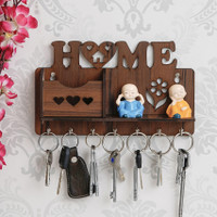 Gajkarna Creations Key Holder For Wall Home Design Mobile Phone Stand With Side Shelf Wood Key Holder(7 Hooks, Brown)