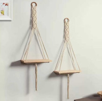 JANAKI SHOP Macrame Rope Hanging Used as Wall Decor for Home Decoration Wooden Wall Shelf(Number of Shelves - 2, Beige)