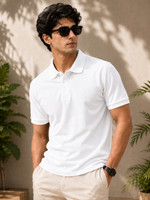 COTFYNE Self Design Men Polo Neck White T-Shirt