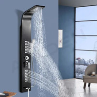 FOURVIEW Black Thermostatic 5-in-1 Shower Panel Tower Wall Mounted Luxury Shower Panel with Mixer, Massage Jets & Handheld Shower Rainfall & Waterfall Overhead Shower | Multi-Mode Hand Shower Included(Stainless Steel)