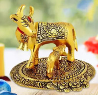 Chandra Art Collection MATA Kamdhenu with Calf for Vastu & Home Decor Decorative Showpiece  -  12 cm(Metal, Gold)