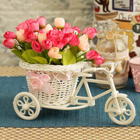 Doon Furniture House Artificial Bouquet Flowers Vase with Cycle Rickshaw Bunches Flower Pot Decorative Showpiece  -  25 cm(Plastic, White)