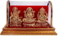 INTERNATIONAL GIFT Gold Plated Laxmi Ganesh Saraswati Idol In Acrylic Box | For Car Dashboard Decorative Showpiece  -  12 cm(Metal, Multicolor)