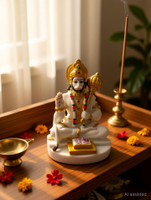 AVG ARTISTRY Sitting Lord Hanuman Ji Idol Resin Marble Finish Bajrangbali Murti Home Temple Decorative Showpiece  -  9 cm(Polyresin, White, Gold)