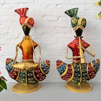 RHEA STORE Ethnic Iron Musician Statue Set | Handmade Rajasthani Decor Decorative Showpiece  -  23 cm(Metal, Multicolor)