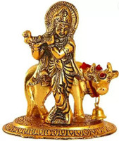 Chandra Art Collection Lord Krishna playing Flute with Golden Cow and Calf Decorative Showpiece Decorative Showpiece  -  10.2 cm(Metal, Gold)