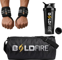 BoldFire Gym Combo: Waterproof Sports Bag, Weight Lifting Straps & 700ML Protein Shaker(Black, Kit Bag)