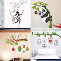EJAart 45 cm Dreamy Girl+Baby Panda+Bird House Branch+Birdcase Key Self Adhesive Sticker(Pack of 4)