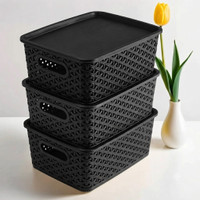 CHITRAKUT Set of 3 Plastic Storage Boxes with Lid Multipurpose Organizer Basket Storage Box(Black)