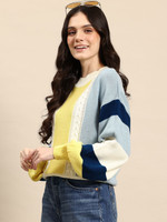 Mast & Harbour Colorblock Round Neck Casual Women Blue Sweater