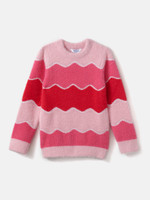 NautiNati Self Design Round Neck Casual Girls Pink Sweater