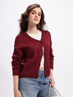 Glitchez Solid V Neck Casual Women Maroon Sweater