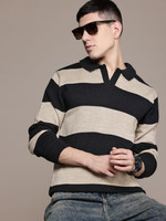 Roadster Striped Collared Neck Casual Men Beige Sweater