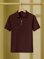 KAJARU Self Design Men Zip Neck Brown T-Shirt