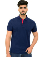 3BROS Solid Men Polo Neck Navy Blue T-Shirt