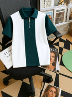 Try This Self Design Men Zip Neck White, Dark Green T-Shirt