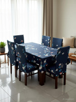 Eleganta Polyester, Spandex 6 Seater Printed Table Cover(Dark Blue)