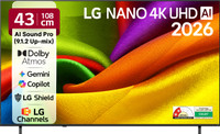 LG AI NANO NU87 108 cm (43 inch) Ultra HD (4K) LED Smart WebOS TV 2026 Edition with NANO Detail Enhancer, HDR10 Pro, 4K Super Upscaling Alpha7 AI Processor 4K Gen9, Dolby Atmos, AI Sound Pro (9.1.2 ch), Multi AI (Google Gemini & MS Copilot), Linear Flow Design, 60Hz VRR, 5 Years OS upgrade, Secured Flipkart Deal