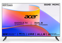 Acer I PRO Series 138.7 cm (55 inch) Ultra HD (4K) LED Smart Google TV with Android 14 (Black) | MEMC | ALLM | VRR | AI Picture Optimisation | 36W Speakers | Dolby Vision-Atmos(AR55UDIGU2875AT)