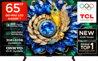 TCL A400M 163.83 cm (65 Inch) Ultra HD (4K) Mini LED Smart Google TV 2026 Edition with ONKYO Hi-Fi System Up to 488 Precise Dimming Zones 288 VRR High HDR Brightness TSR AiPQ Processor AMD Free Sync Premium TCL Ai Ultra-slim Unibody Design(65A400M)