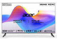Acer I PRO Series 127 cm (50 inch) Ultra HD (4K) LED Smart Google TV with Android 14 (Black) | MEMC | ALLM | VRR | AI Picture Optimisation | 36W Speakers | Dolby Vision-Atmos(AR50UDIGU2875AT)