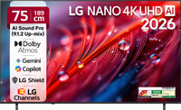 LG AI NU87 189 cm (75 inch) Ultra HD (4K) LED Smart WebOS TV 2026 Edition with NANO Detail Enhancer, HDR10 Pro, 4K Super Upscaling Alpha7 AI Processor 4K Gen9, Dolby Atmos, AI Sound Pro (9.1.2 ch), Multi AI (Google Gemini & MS Copilot), Linear Flow Design, 60Hz VRR, 5 Years OS upgrade, Secured by LG