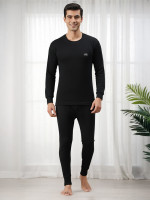 LUX COTT'S WOOL Black Full Sleeves Round Neck Men Top - Pyjama Set Thermal