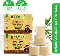IMECO Bamboo Toilet Tissue 1920 Pulls | 12 Rolls Pack | Unbleached, Soft & Absorbent | Toilet Paper Roll(3 Ply, 160 Sheets)