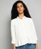 AND Casual Striped Women White Top