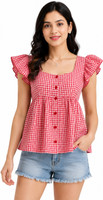 OFISA Casual Checkered Women Red, White Top