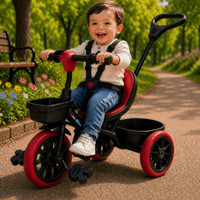 Little Olive Kids Tricycle with Parent Handle, Safety Harness, Storage Basket & Wide Wheels Tricycle(Red)