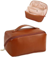 Estervig Large Capacity Travel Cosmetic Bag with Handle & Divider Leather Makeup Bag Travel Toiletry Kit(Brown)