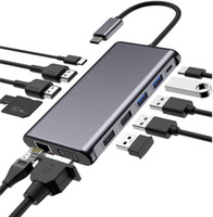 Vaku Luxos AXON 12IN1 HUB Type C PD, 4K HDMI, USB 2.0/3.0, SD/TF Card Reader, VGA,Ethernet USB Adapter(Grey)