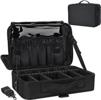 LACOPINE Large Capacity Makeup Bag,Cosmetic Organizer with Removable And Adjustable Dividers and Strap for Cosmetics Makeup Brushes Accessories Make Up, Jewelry Vanity Box(Black)