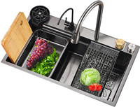 DR CARTRIDGE POINT Kitchen Sink 30X18X9 Inch Waterfall Kitchen Sink with Integrated Pull Down Faucet Waterfall Sink Stainless steel Matt Finish_A153 Vessel Sink(Black)