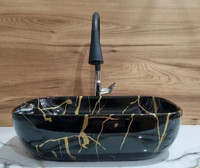 MOZATO Very Stylish Black & Gold Designer Ceramic Wash Basin / (46*32.5*14) cm (super glossy finish) premium designer wash basin / Table Top Basin(BLACK & GOLD)