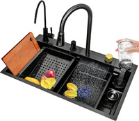GLOXY Nano Stainless Steel Handmade Kitchen Sink with Integrated Waterfall and Pull-Down Faucets/Soap Dispenser/ 2-Drain Basket, Smart Sink 30x18x9 Inches Vessel Sink(Black)